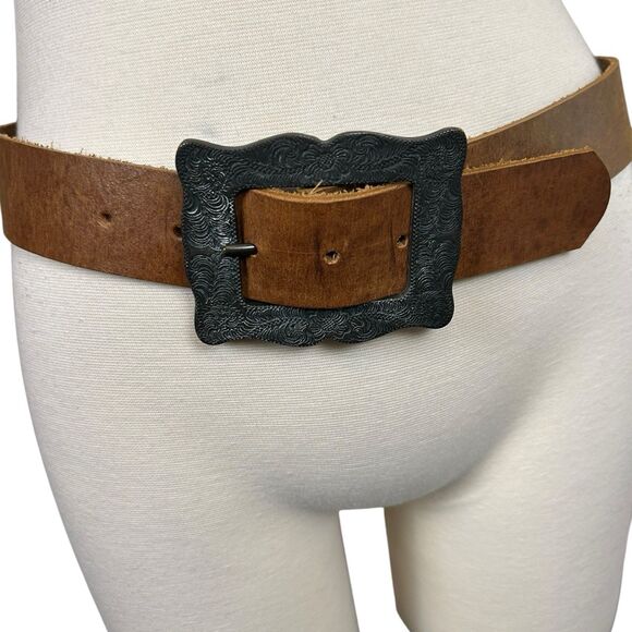 Harold’s Scroll Etched Square Metal Buckle Brown Leather Belt Sz S Western main image 5